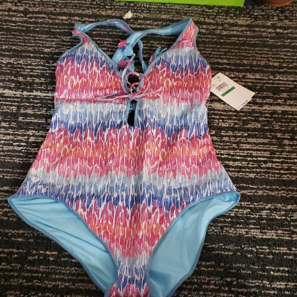 BECCA Pink and Blue One-Piece Swimsuit with Lace-Up V-Neck